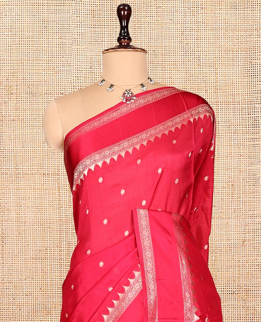 Pink Matka Silk Saree, Detailed with Meenakari Floral Vine All Over Its Body, Highlighted by Temple Rettai Pettu Border, Pallu of Stripes, and Paired with a Matching Blouse