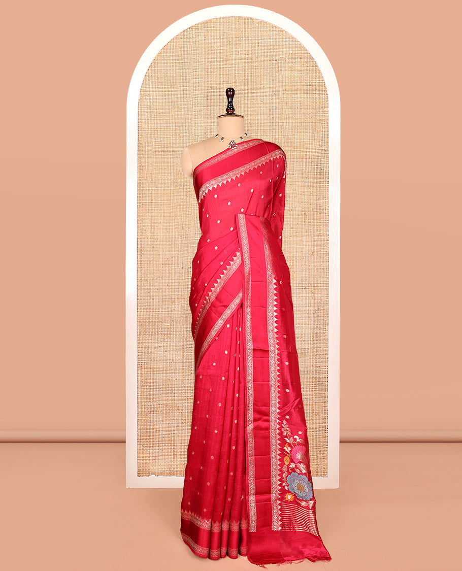 Pink Matka Silk Saree, Detailed with Meenakari Floral Vine All Over Its Body, Highlighted by Temple Rettai Pettu Border, Pallu of Stripes, and Paired with a Matching Blouse