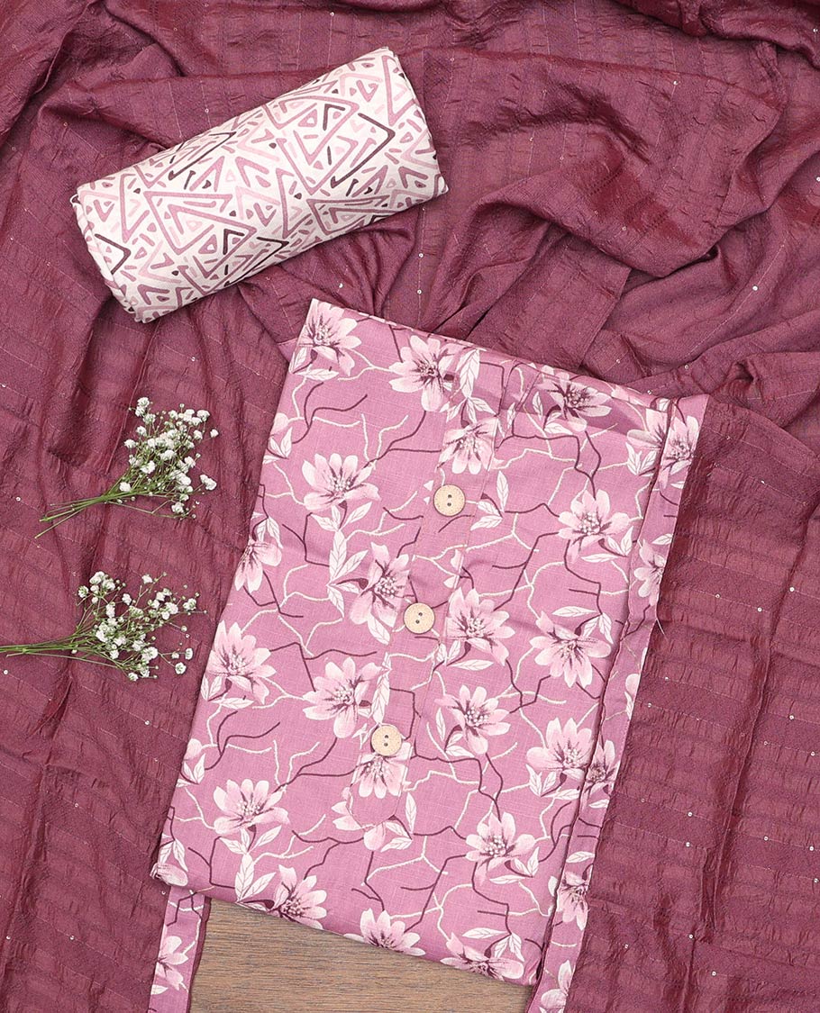 Pink material churidar set, floral print with button stitched cotton top, contrast geometric printed cotton bottom, and striped chanderi dupatta of sequins stripes