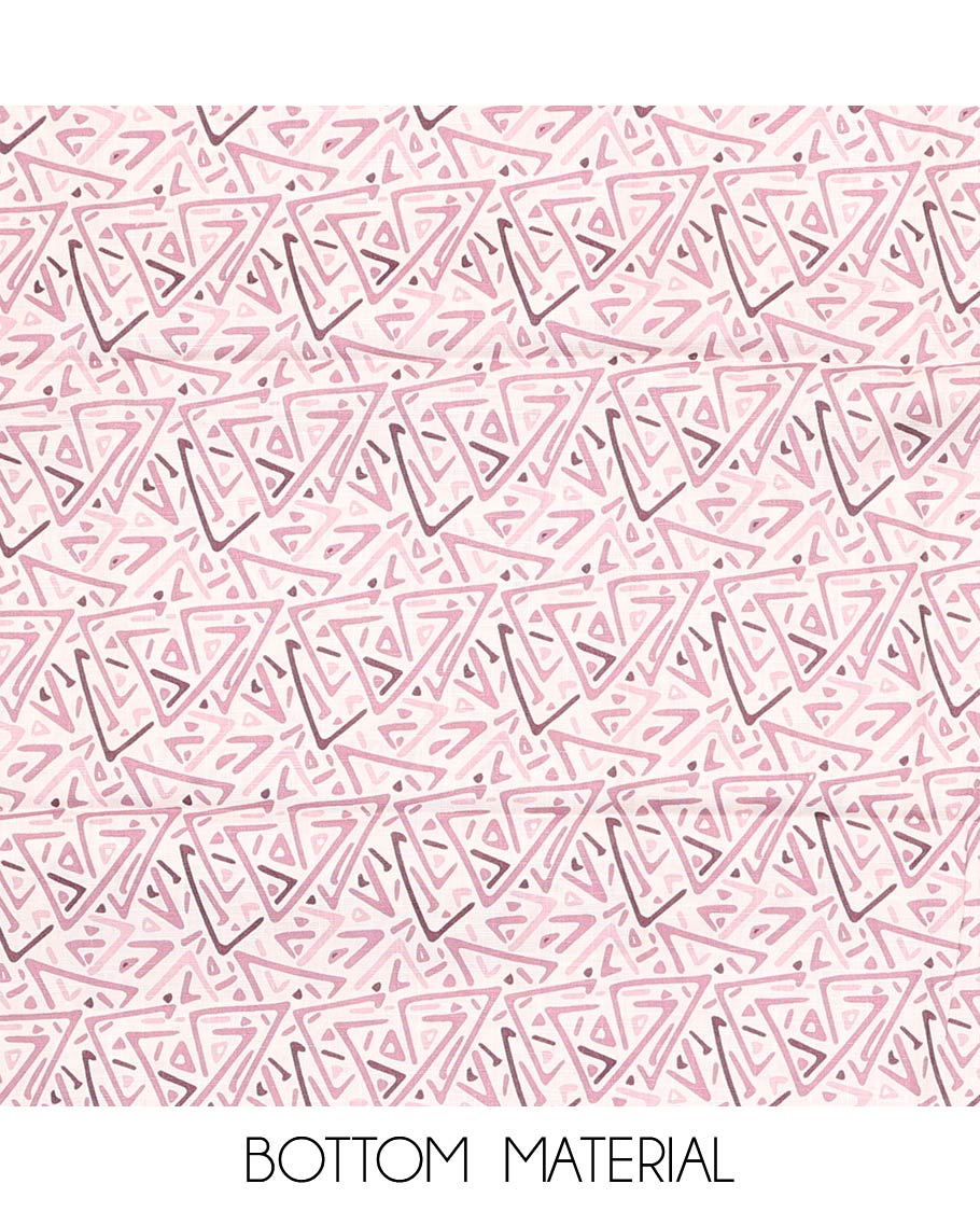 Pink material churidar set, floral print with button stitched cotton top, contrast geometric printed cotton bottom, and striped chanderi dupatta of sequins stripes