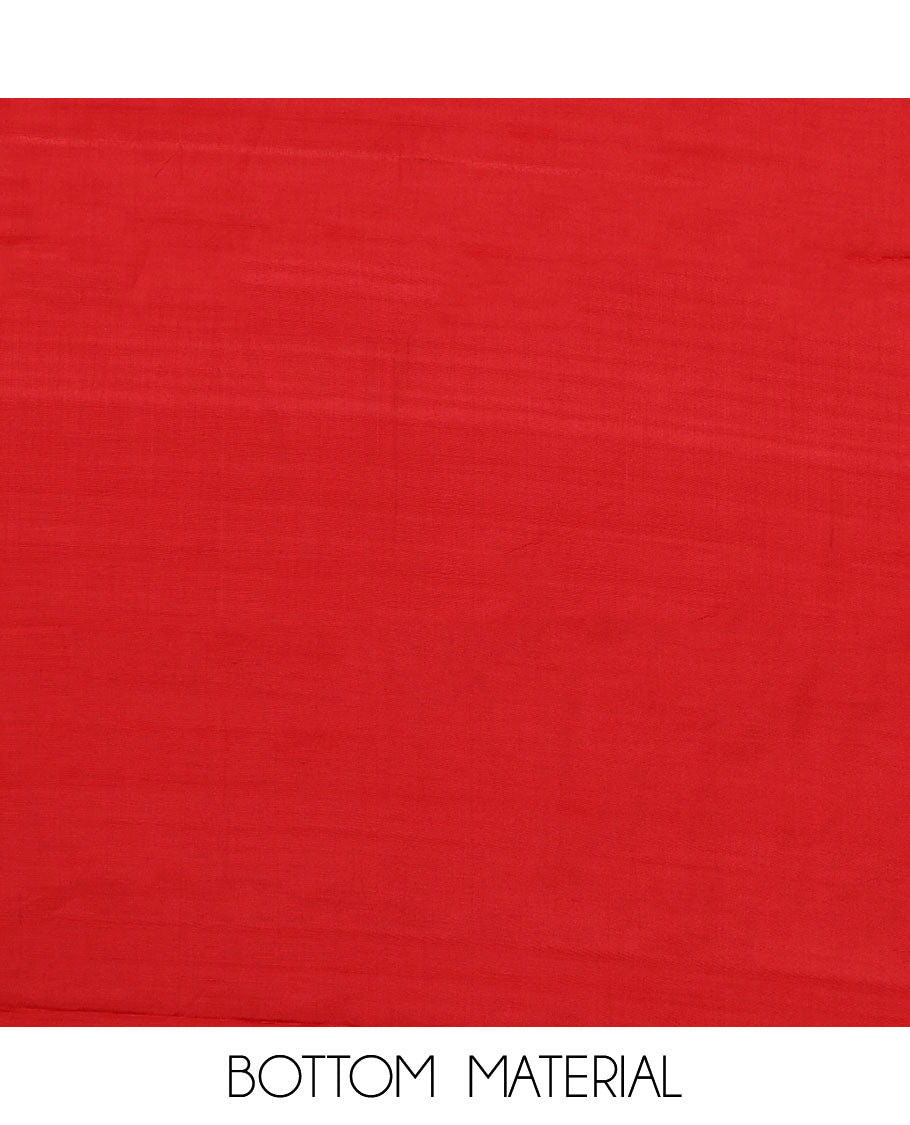 Orange material chudidar set, hand-painting style Pichwai lotus, cow and peacock printed top, plain bottom and dupatta mirrors the same top print