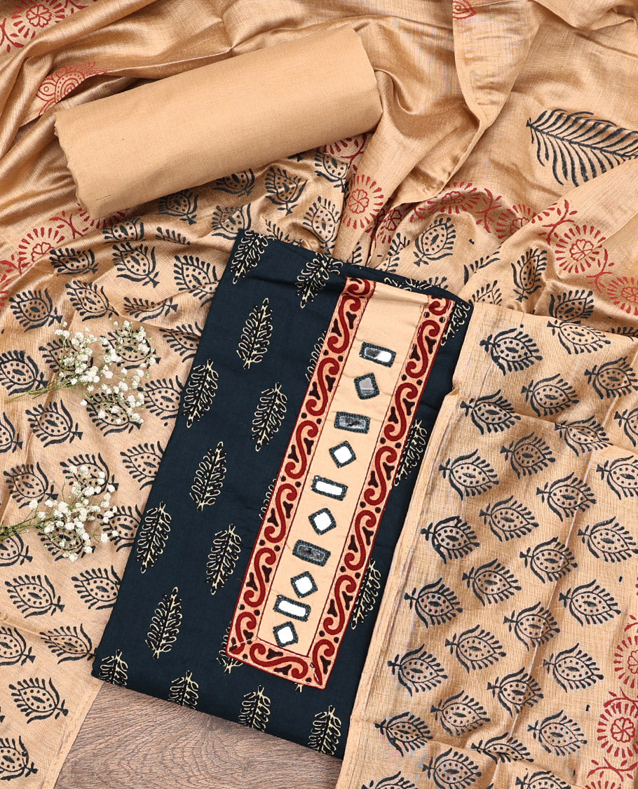 Blue Cotton Material Chudidar Set, Decorated with Unique Motifs Block Printed on Its Cotton Top, a Plain Cotton Bottom, and Paired with an Intricately Block Printed Cotton Dupatta