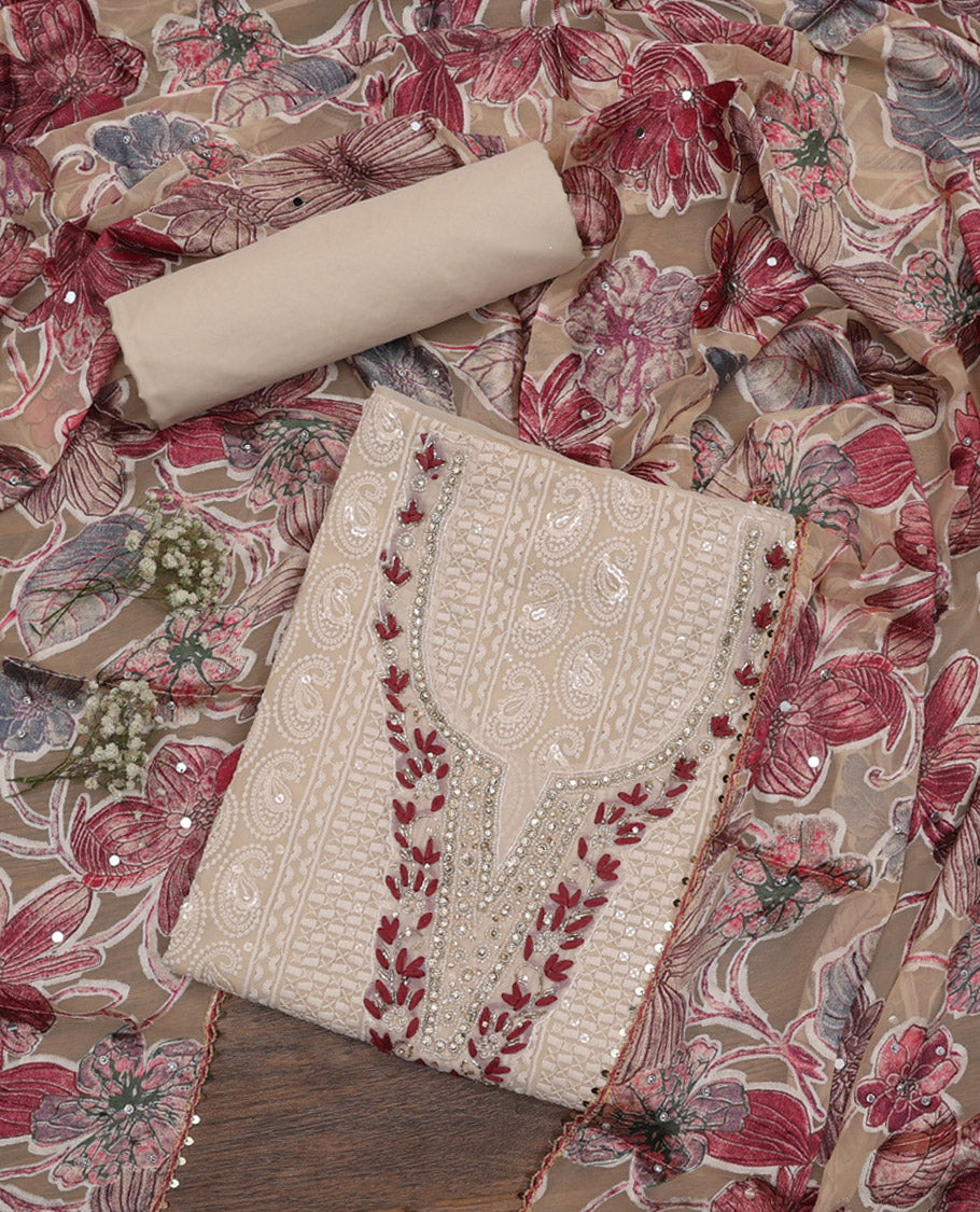 Sandal and Red Material Chudidar Set, Mesmerized with Chikankari-Style Thread and Sequins Embroidered and Neck Work on Georgette Top, a Plain Santoon Bottom, and Paired with a Floral Printed Georgette Dupatta