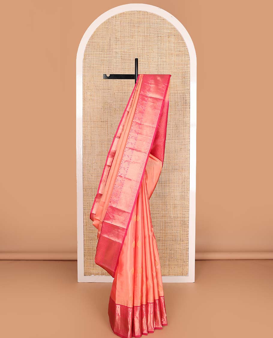 Orange zari buttas Vasundhara silk mix saree, contrast border of kodi visiry, and then kuli kann design, and jaal pallu