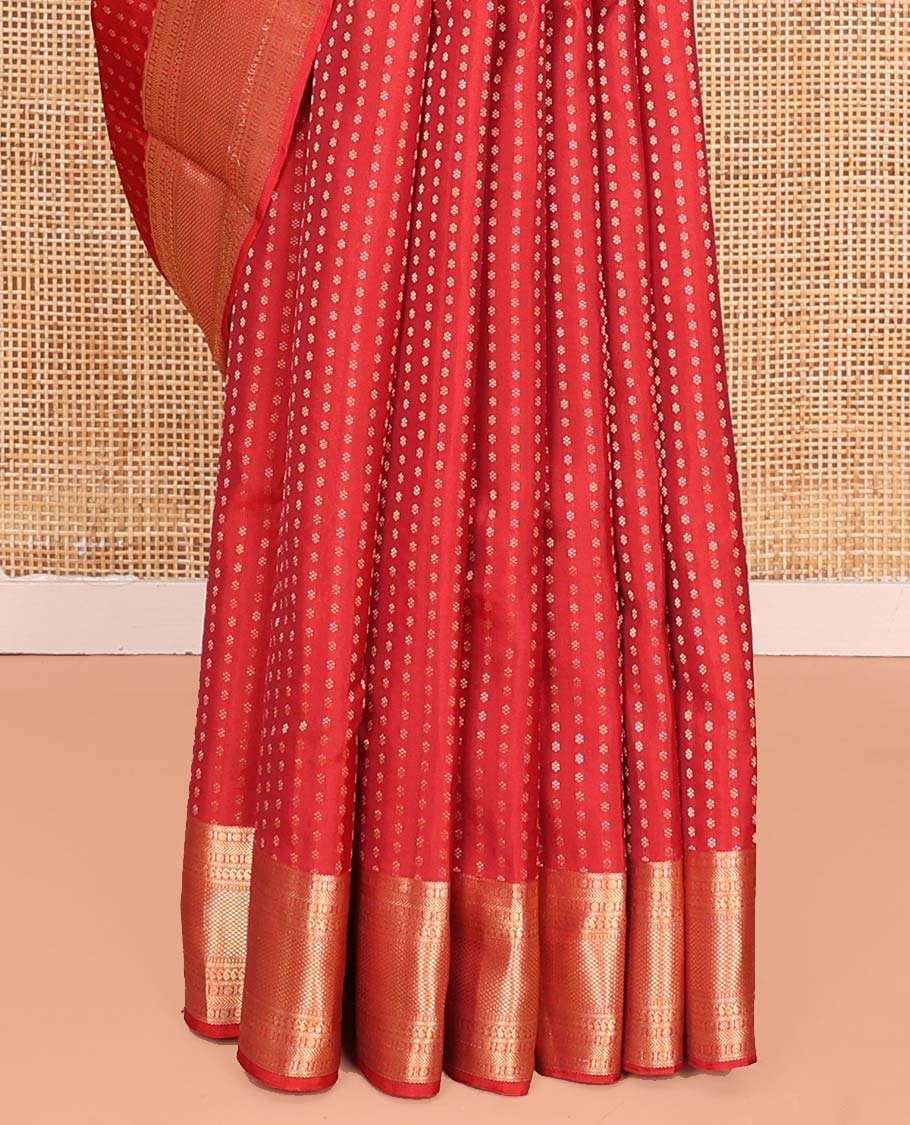 Red Vasundhara Lite Silk Mix Saree, Adorned with Zari Buttas All Over Its Body, Highlighted by Zari Border of Rudraksham, Banaras, Manga, and Mayil Kann Designs, Diagonally Striped Pallu, and Paired with a Matching Blouse
