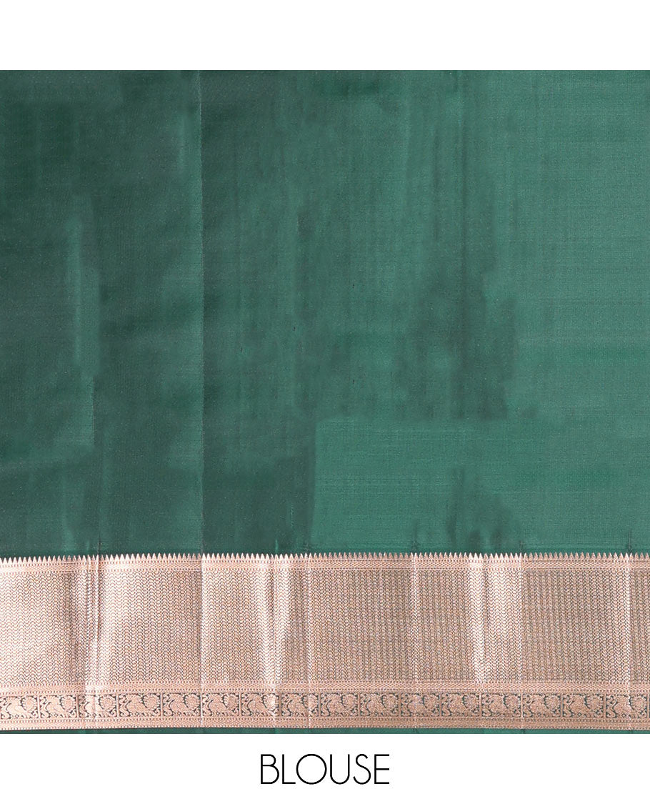 Red Vasundhara Silk Saree Embellished with Mayil-Yaali Buttas and Zari Checks, Complemented by a Contrast Border of Rekku, Muthu, Kuyil Kann, and Mayil Designs, Pallu Majestically Detailed with Geometric Designs, and Paired with a Matching Blouse