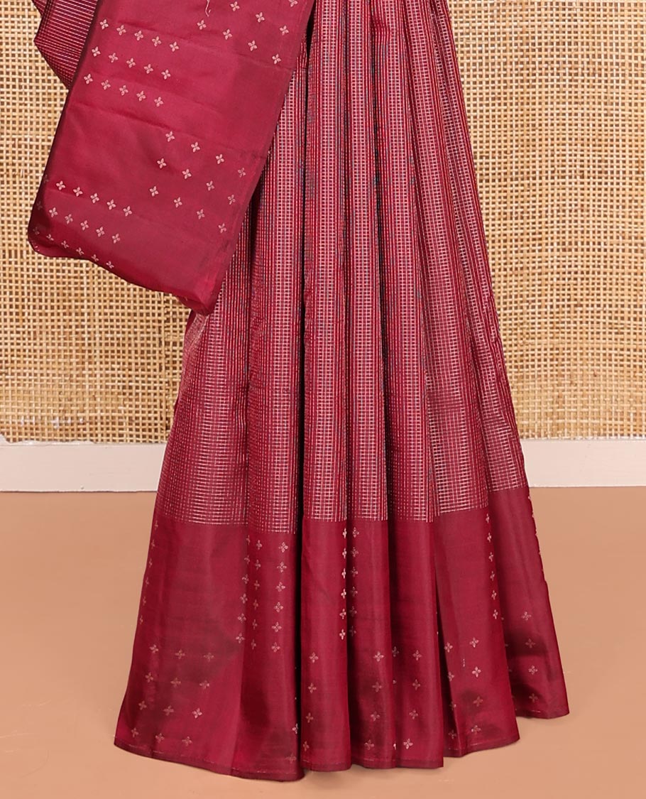 Red Vasundhara Silk Saree, Subtly Sparkled with Micro-Checked Design on Its Body, Highlighted by a Zari Border Steeped with Flower Designs, Pallu Steeped with Flower Designs, and Paired with a Matching Blouse