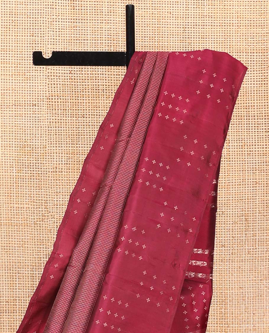 Red Vasundhara Silk Saree, Subtly Sparkled with Micro-Checked Design on Its Body, Highlighted by a Zari Border Steeped with Flower Designs, Pallu Steeped with Flower Designs, and Paired with a Matching Blouse