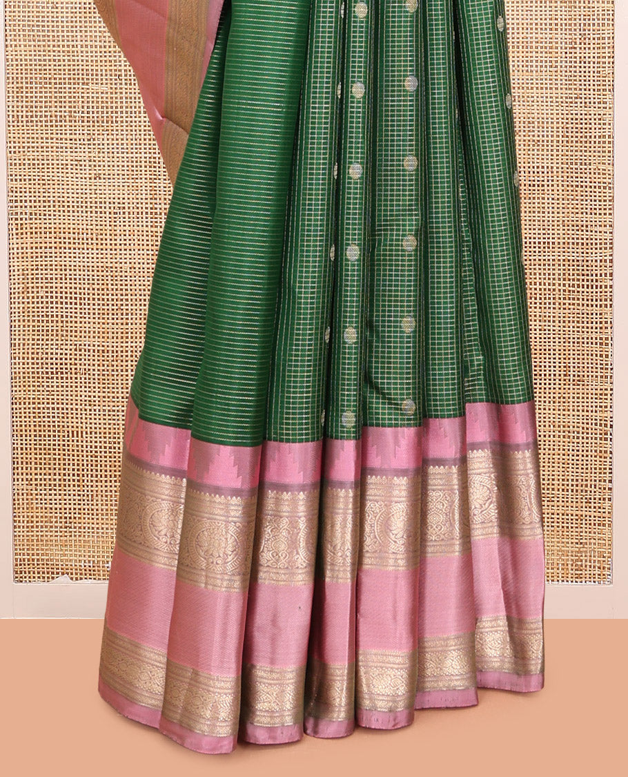 Green Vasundhara Silk Saree, Woven with Zari Buttas and Checks, a Contrast Thazampoo Rekku Border of Chakram Designs, Grand Pallu, and a Contrast Blouse