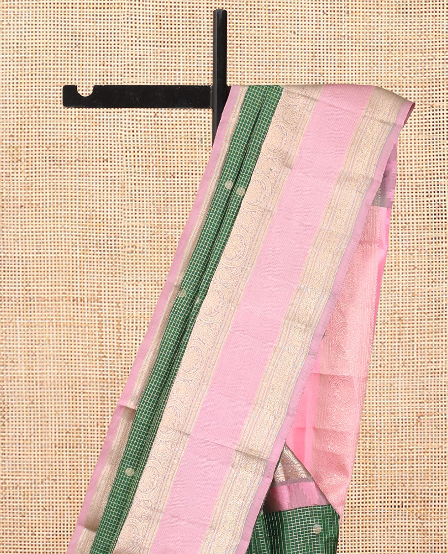 Green Vasundhara Silk Saree, Woven with Zari Buttas and Checks, a Contrast Thazampoo Rekku Border of Chakram Designs, Grand Pallu, and a Contrast Blouse