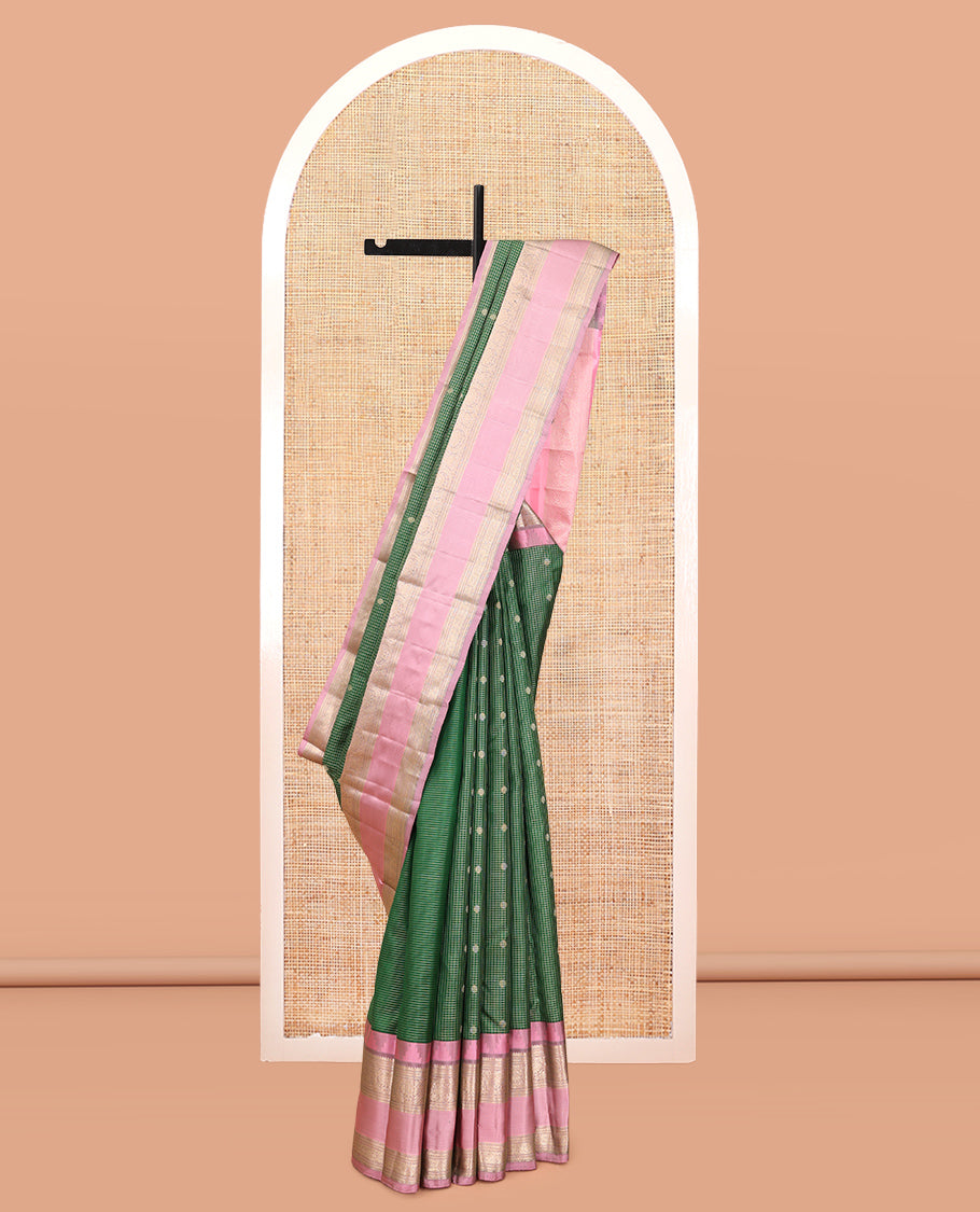 Green Vasundhara Silk Saree, Woven with Zari Buttas and Checks, a Contrast Thazampoo Rekku Border of Chakram Designs, Grand Pallu, and a Contrast Blouse