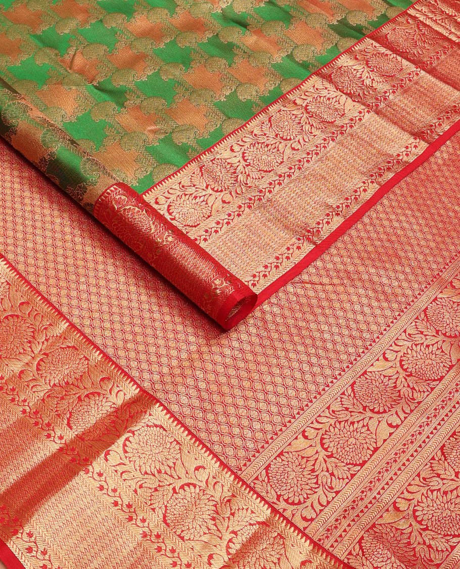 Green meenakari jacquard wedding silk saree, contrast border of rekku,banaras,kodi visiry & jaal & jaal zari design pallu