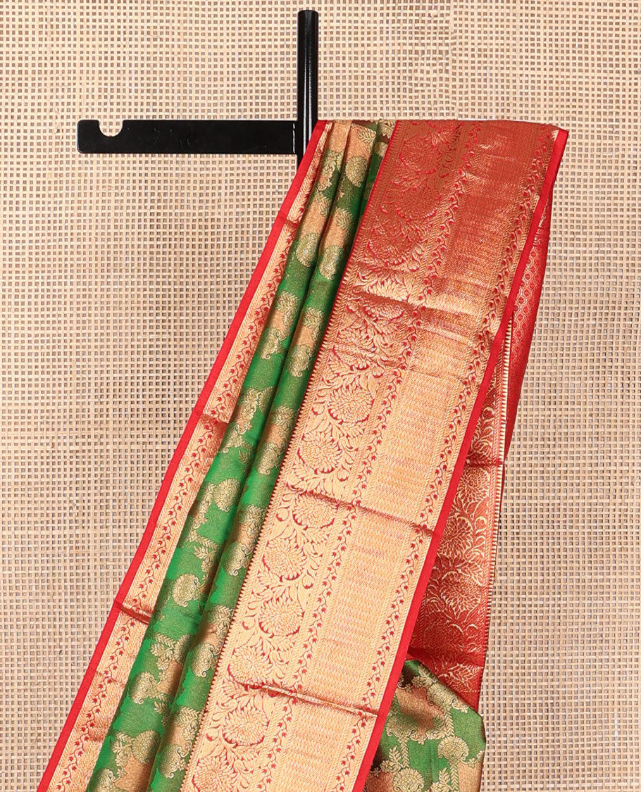 Green meenakari jacquard wedding silk saree, contrast border of rekku,banaras,kodi visiry & jaal & jaal zari design pallu