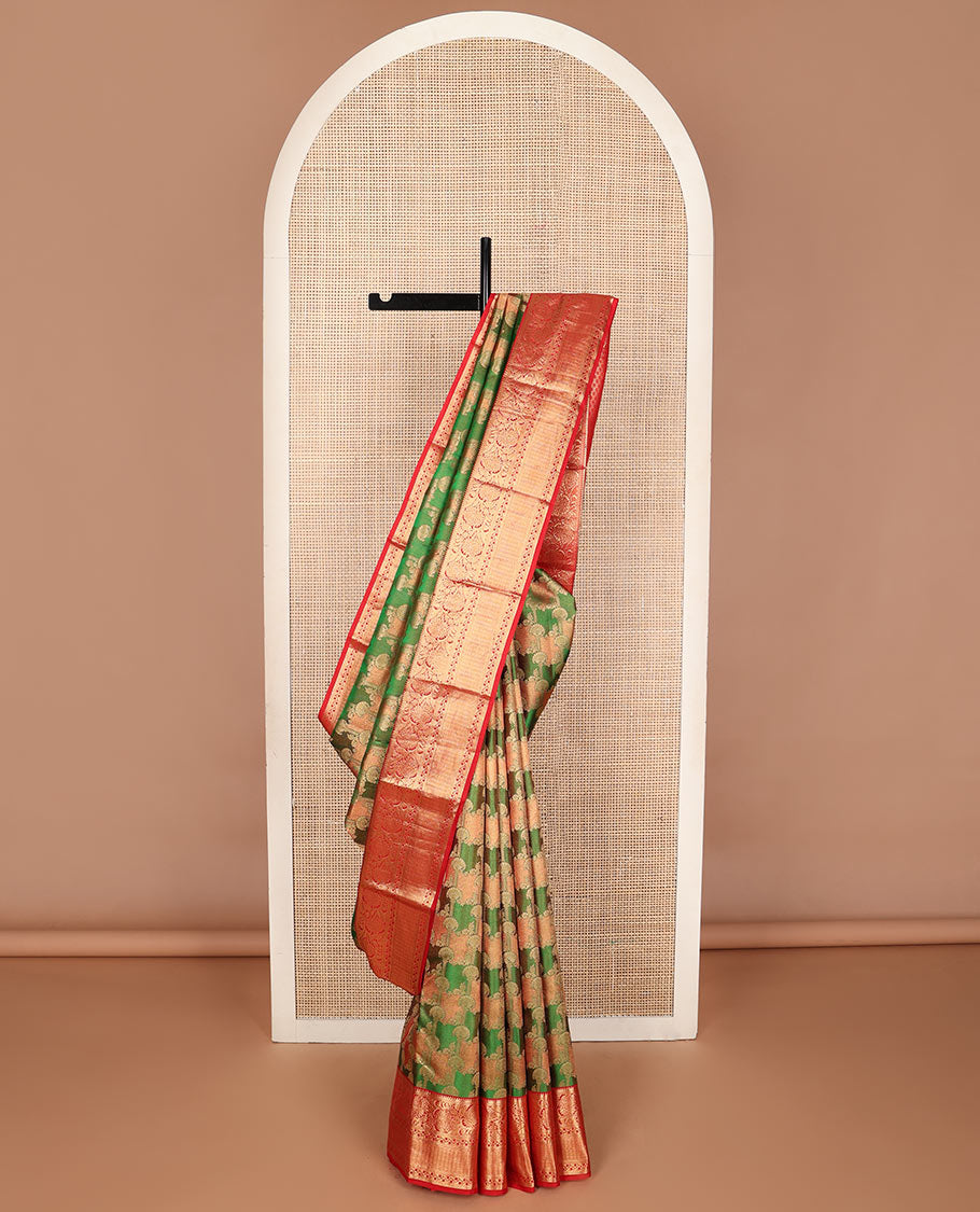 Green meenakari jacquard wedding silk saree, contrast border of rekku,banaras,kodi visiry & jaal & jaal zari design pallu