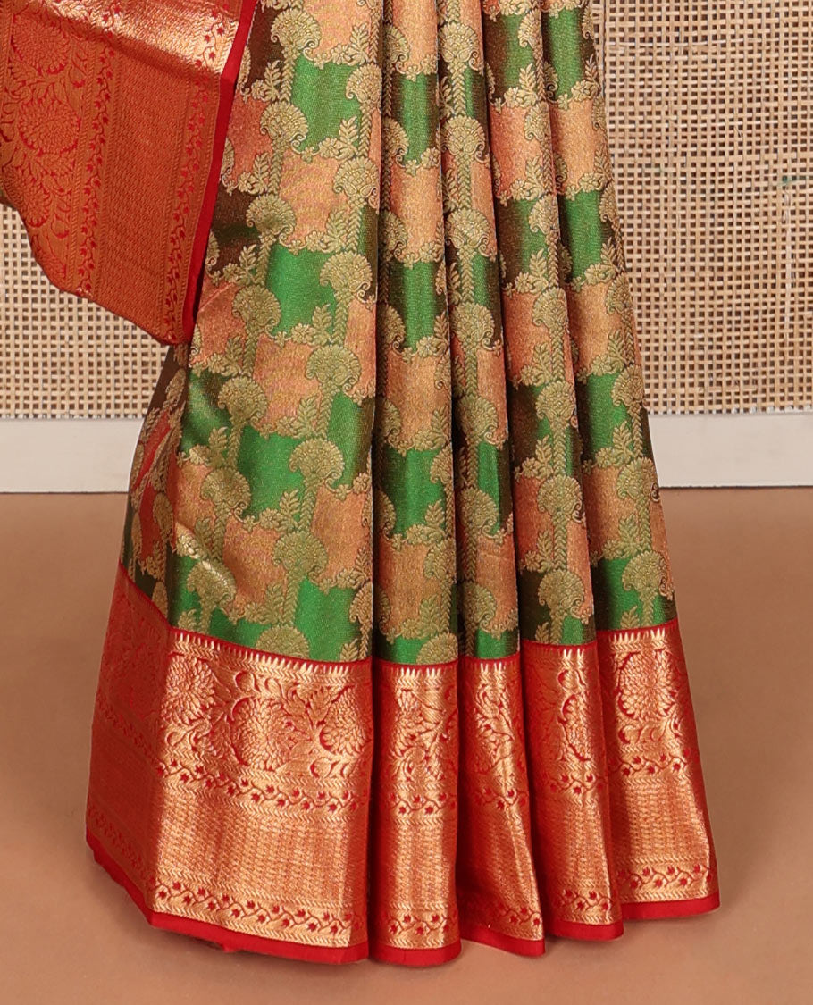 Green meenakari jacquard wedding silk saree, contrast border of rekku,banaras,kodi visiry & jaal & jaal zari design pallu