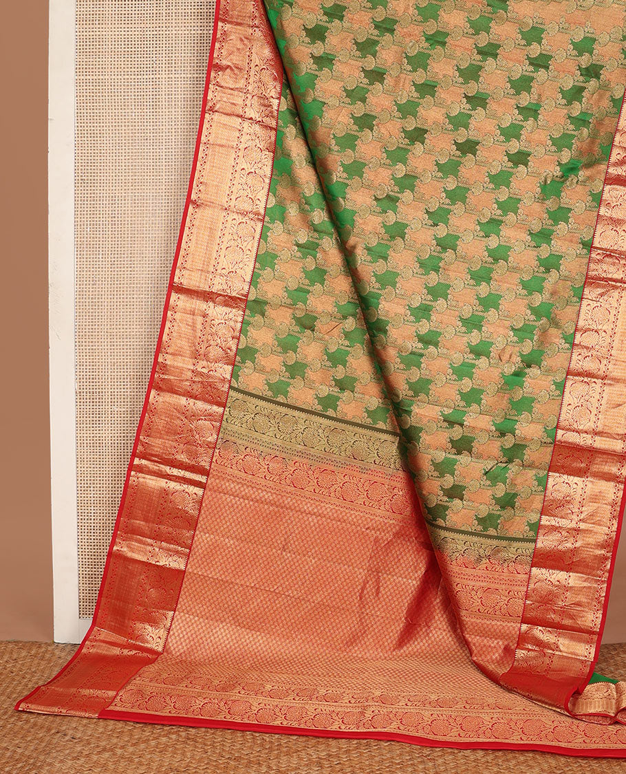 Green meenakari jacquard wedding silk saree, contrast border of rekku,banaras,kodi visiry & jaal & jaal zari design pallu