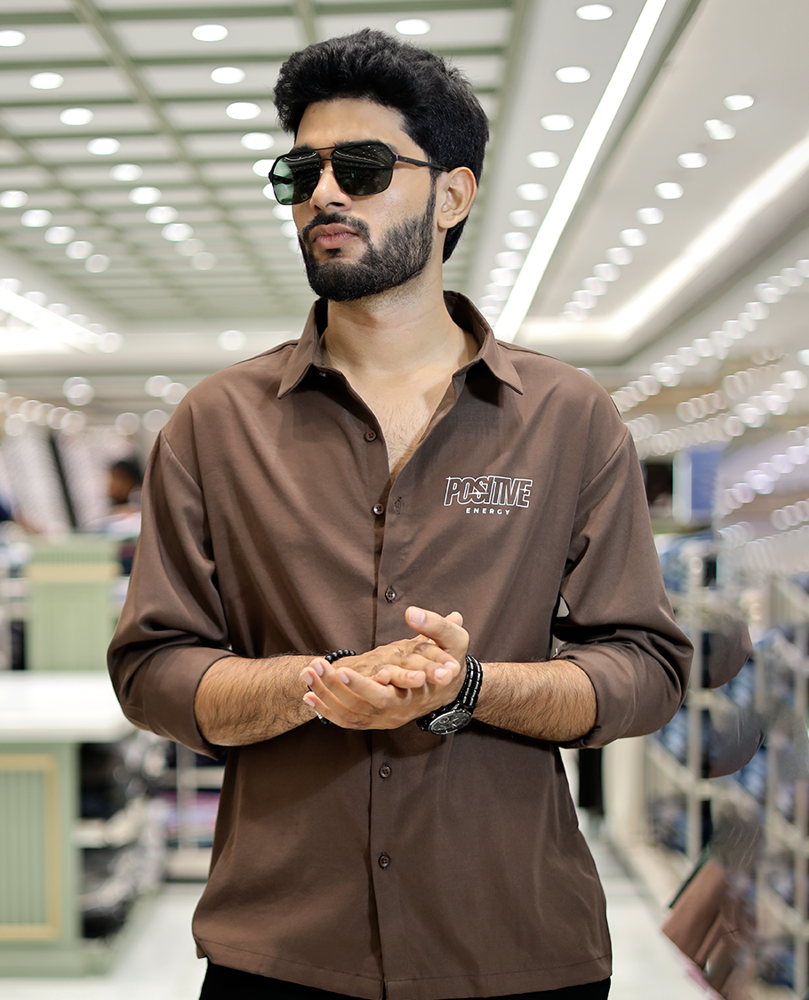 Brown Poly-Blended Back Flap Casual Shirt