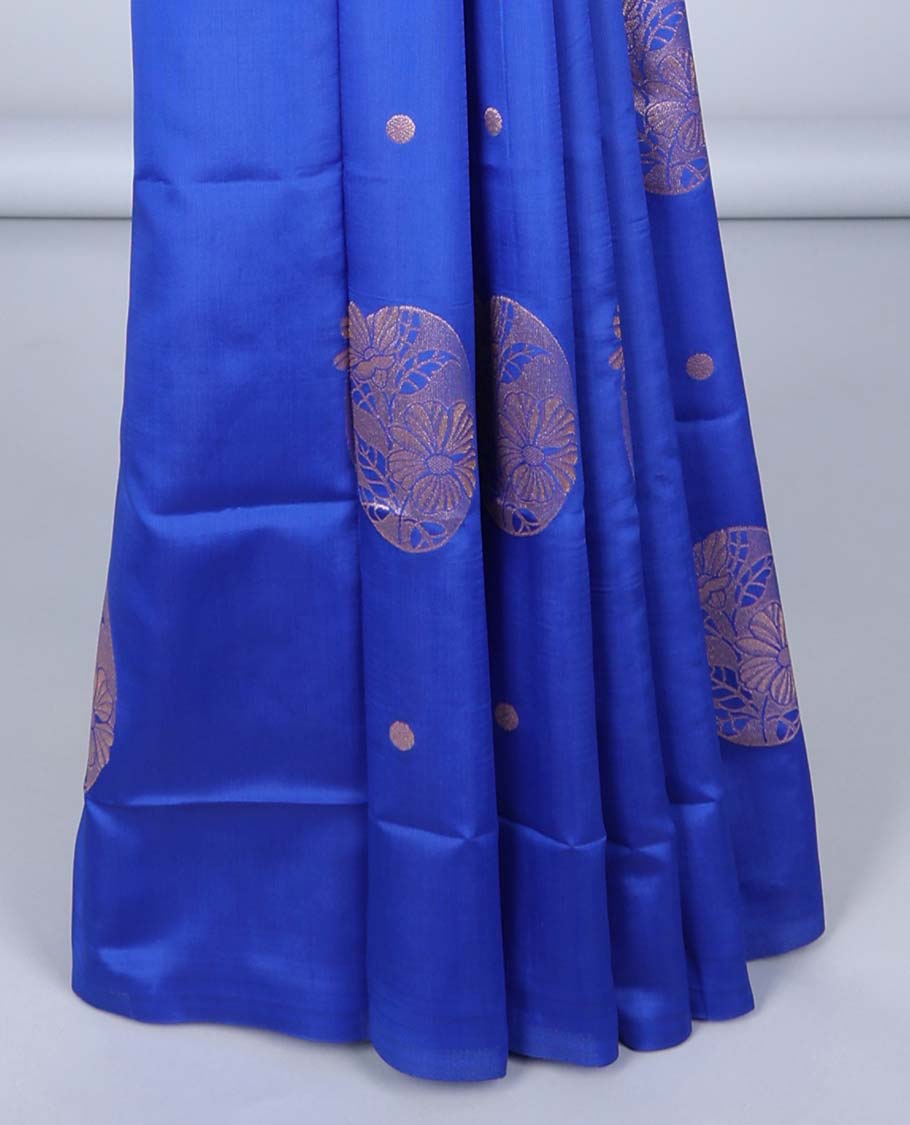 Borderless blue butter silk saree with zari buttas, zari-rich intricately designed pallu