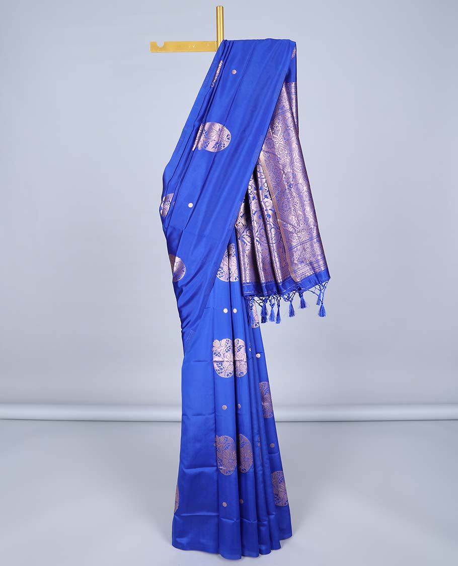 Borderless blue butter silk saree with zari buttas, zari-rich intricately designed pallu