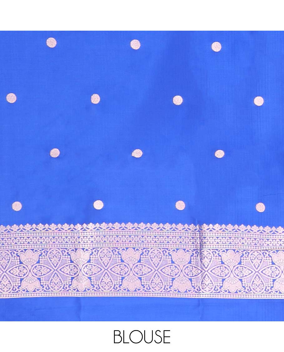 Borderless blue butter silk saree with zari buttas, zari-rich intricately designed pallu