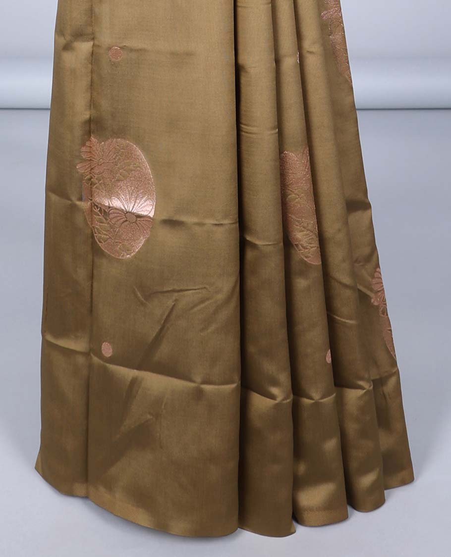Borderless dark mustard butter silk saree with zari buttas, zari-rich intricately designed pallu