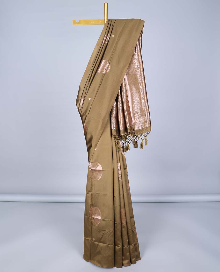 Borderless dark mustard butter silk saree with zari buttas, zari-rich intricately designed pallu