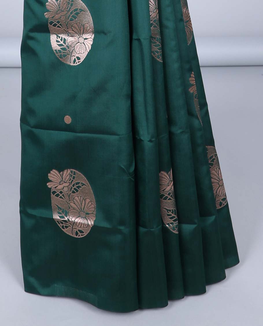 Borderless green butter silk saree with zari buttas, zari-rich intricately designed pallu