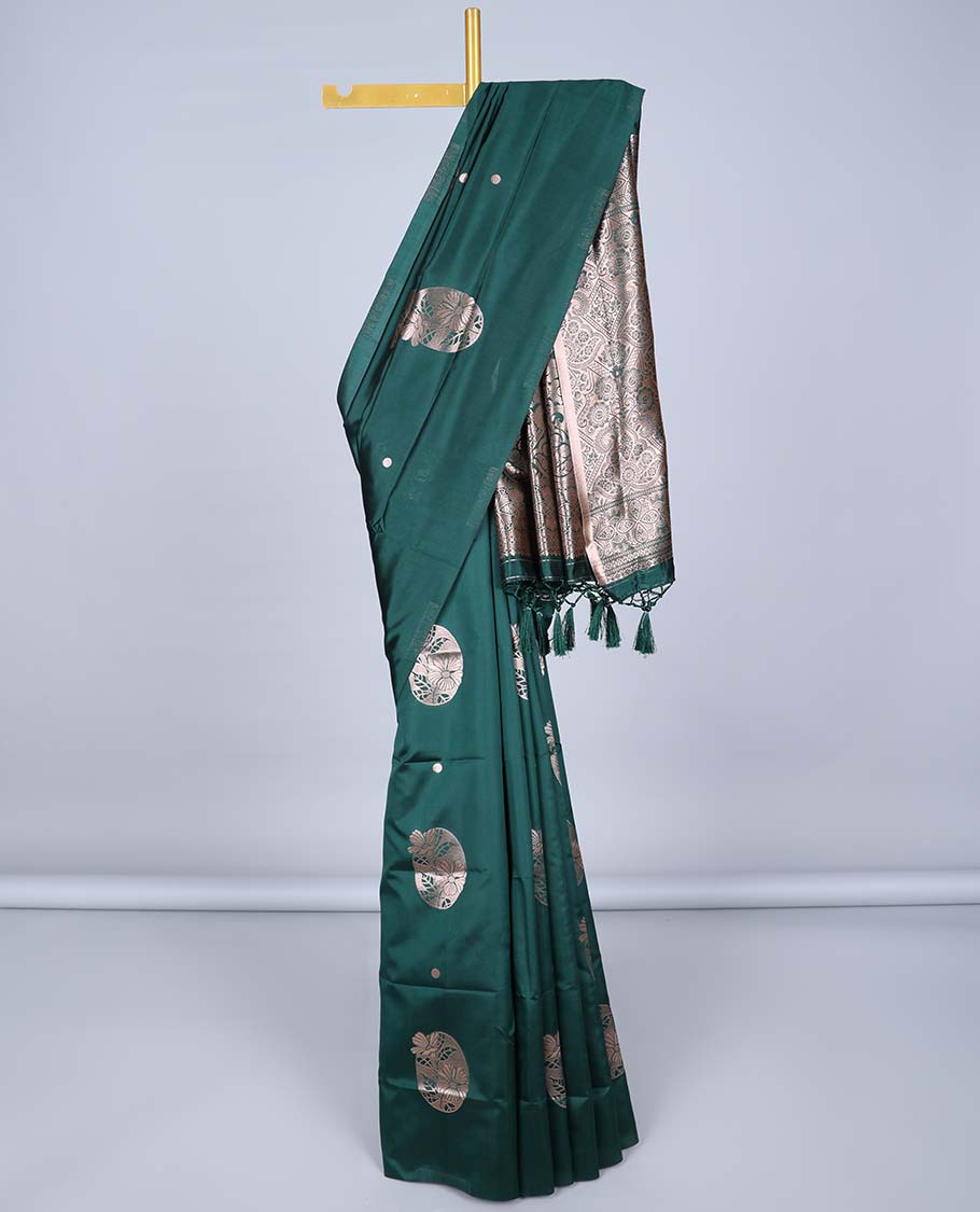 Borderless green butter silk saree with zari buttas, zari-rich intricately designed pallu