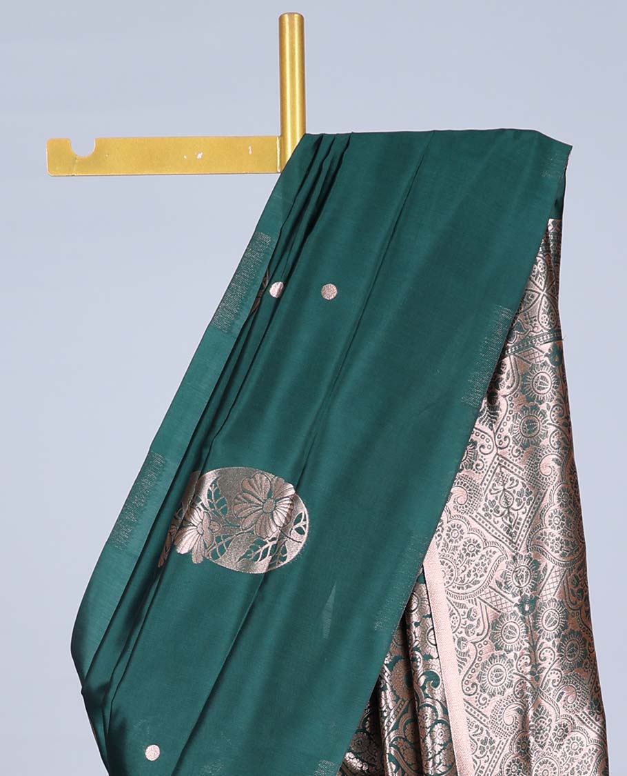 Borderless green butter silk saree with zari buttas, zari-rich intricately designed pallu