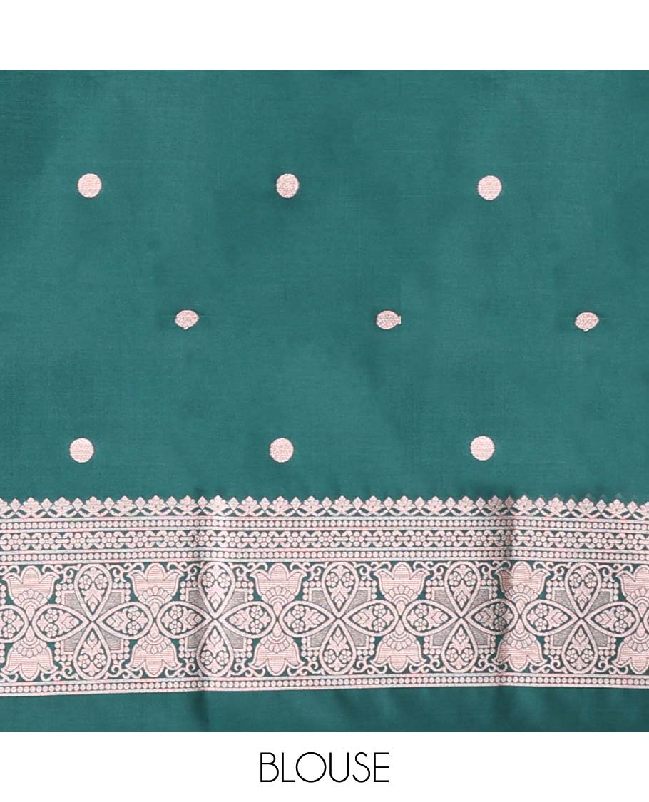Borderless green butter silk saree with zari buttas, zari-rich intricately designed pallu