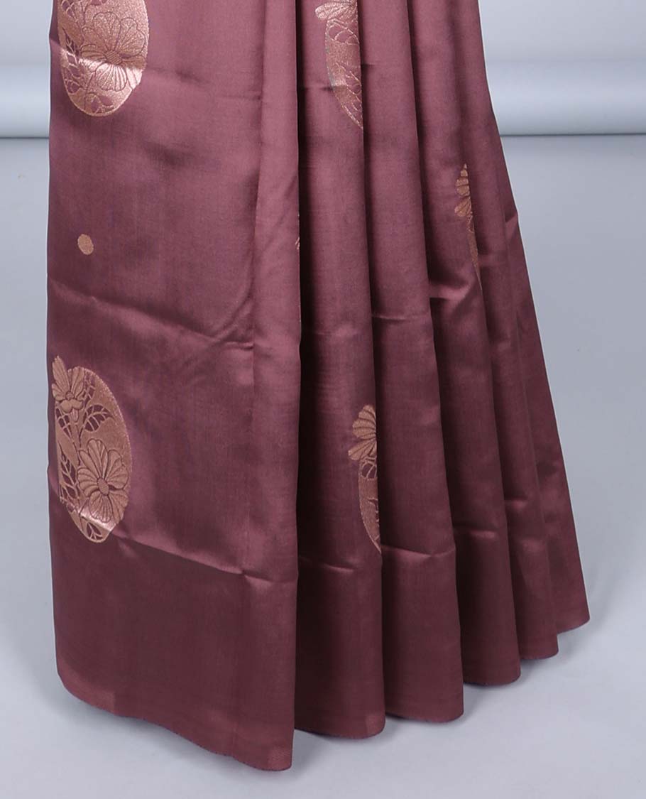 Borderless brown butter silk saree with zari buttas, zari-rich intricately designed pallu