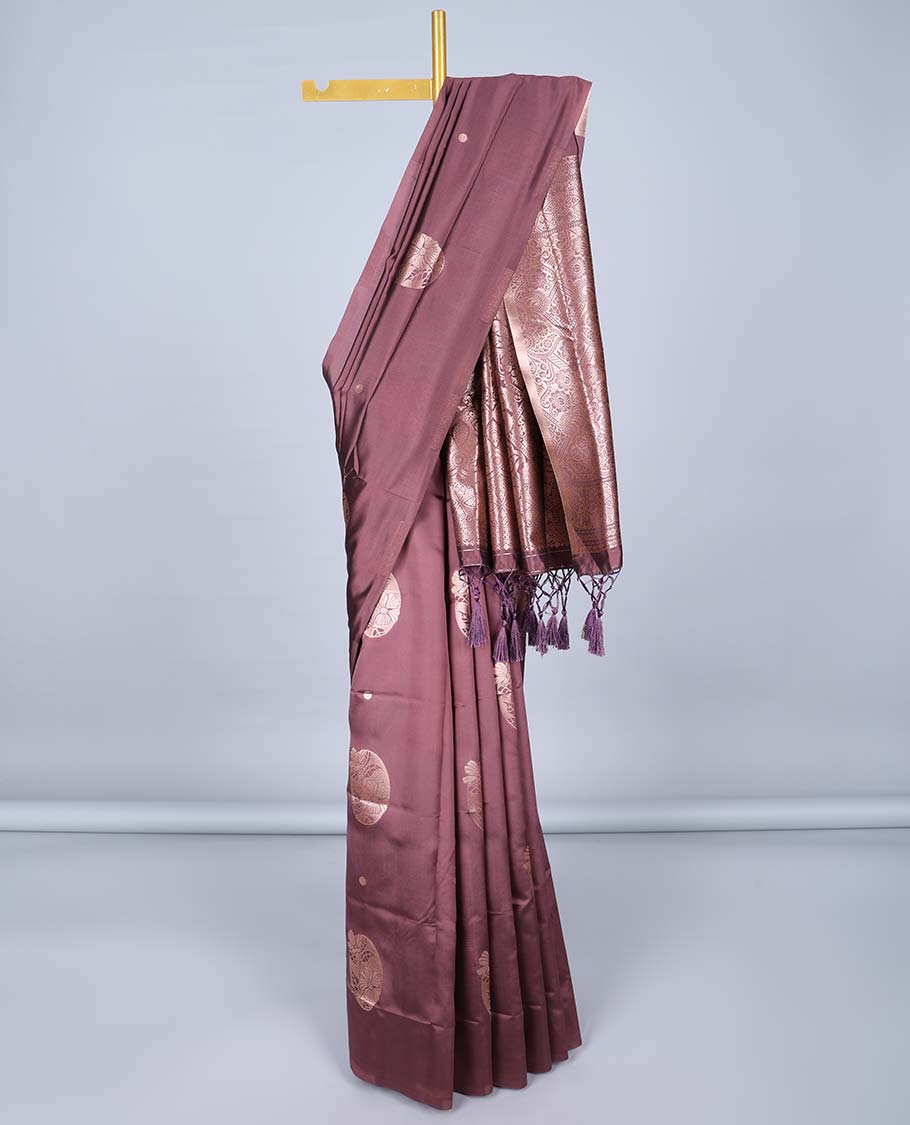 Borderless brown butter silk saree with zari buttas, zari-rich intricately designed pallu