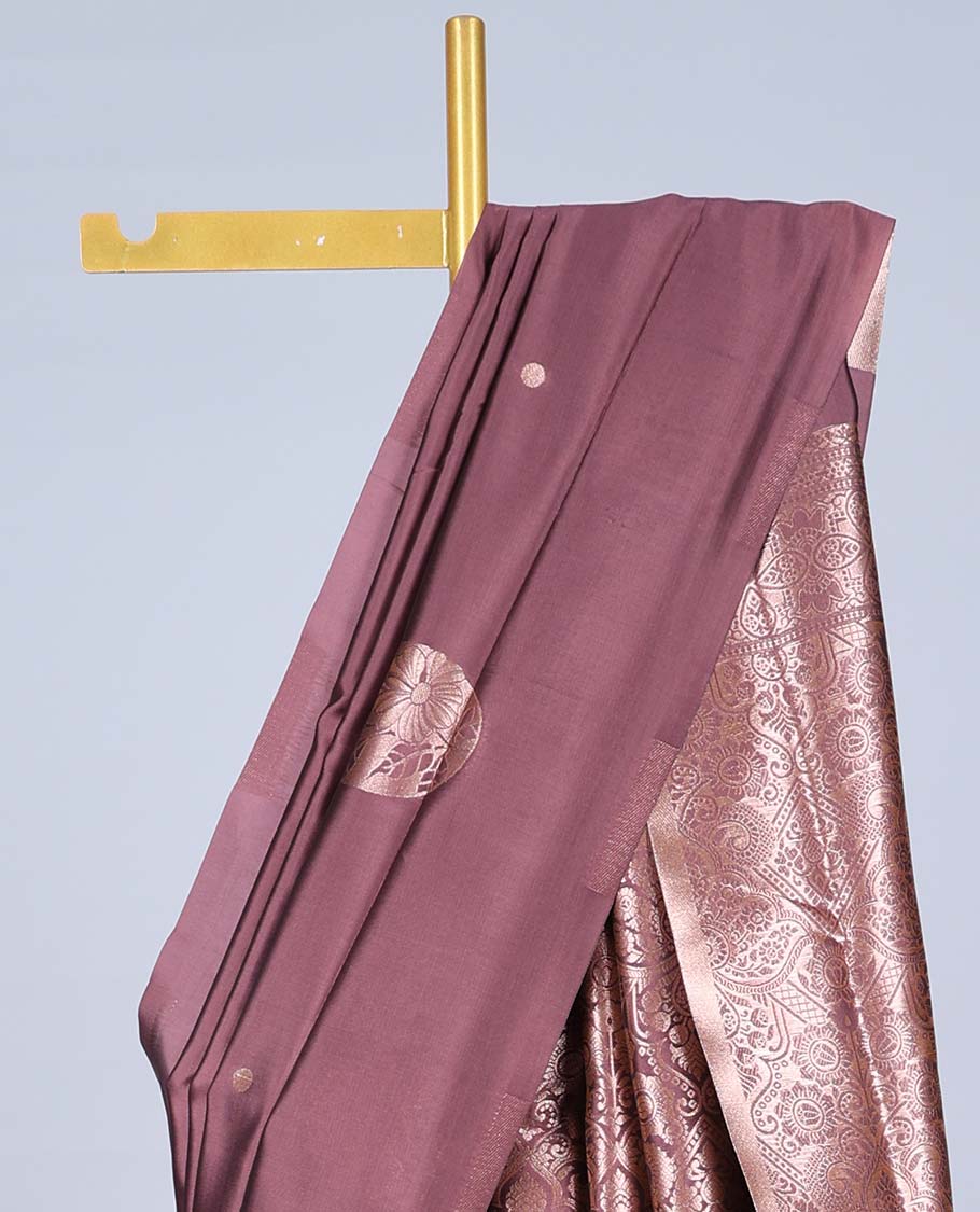 Borderless brown butter silk saree with zari buttas, zari-rich intricately designed pallu