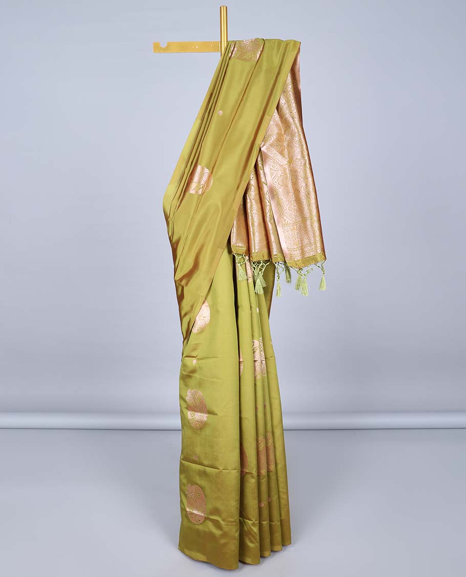 Borderless green butter silk saree with zari buttas, zari-rich intricately designed pallu