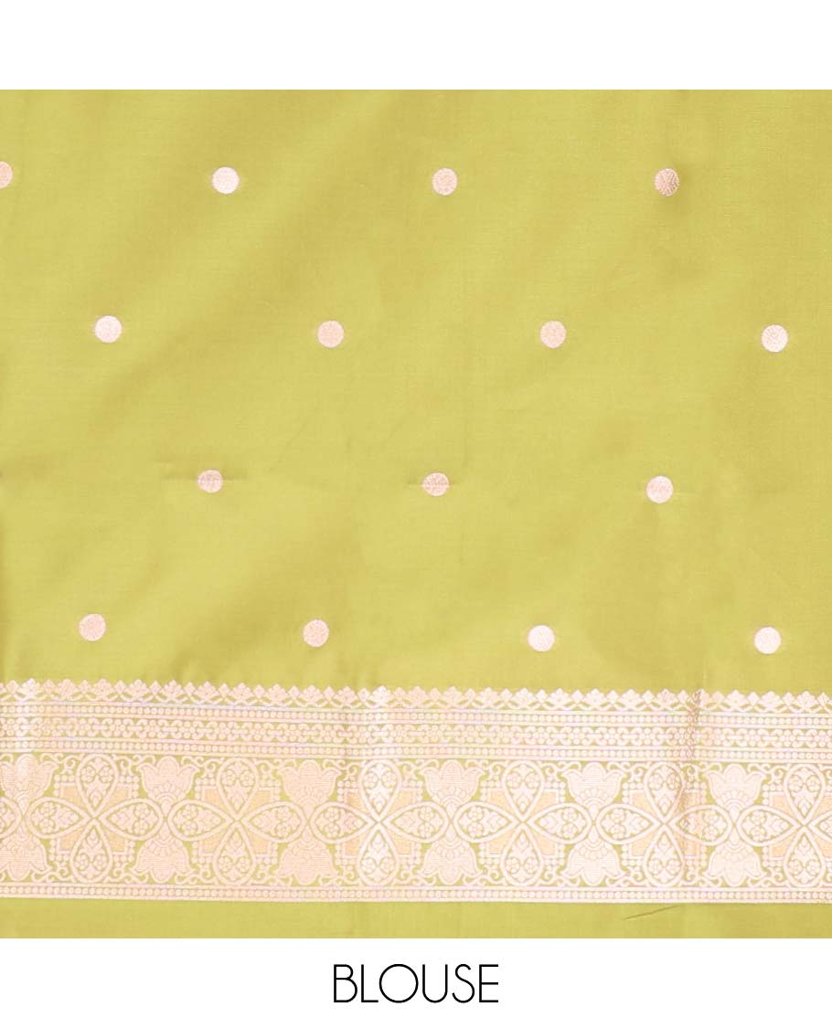Borderless green butter silk saree with zari buttas, zari-rich intricately designed pallu