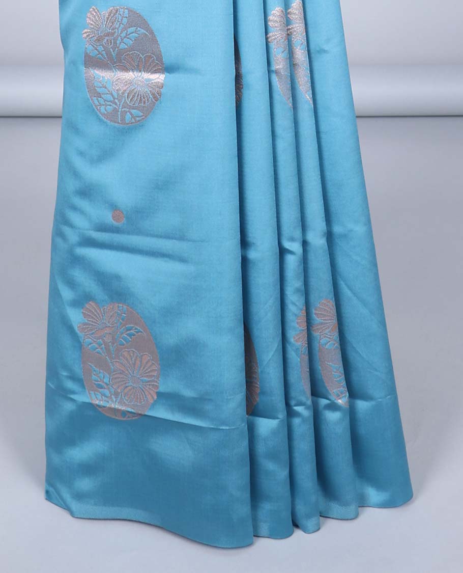 Borderless blue butter silk saree with zari buttas, zari-rich intricately designed pallu