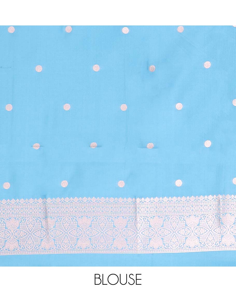 Borderless blue butter silk saree with zari buttas, zari-rich intricately designed pallu