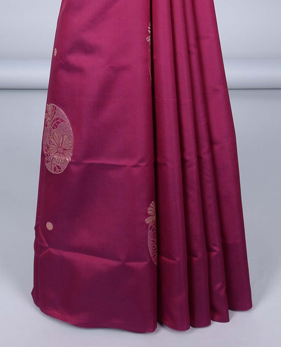 Borderless maroon butter silk saree with zari buttas, zari-rich intricately designed pallu