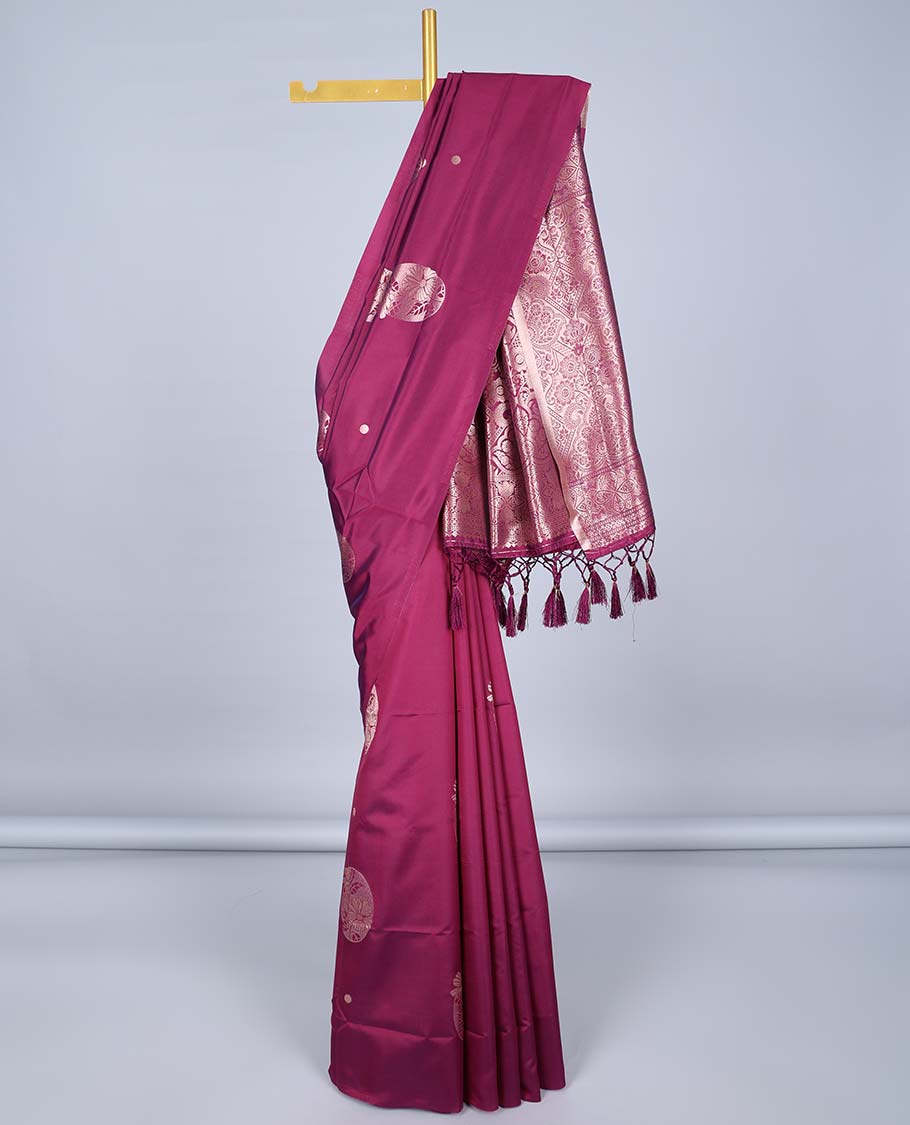 Borderless maroon butter silk saree with zari buttas, zari-rich intricately designed pallu
