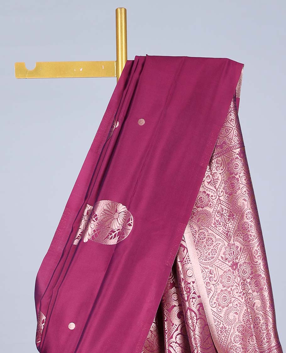Borderless maroon butter silk saree with zari buttas, zari-rich intricately designed pallu