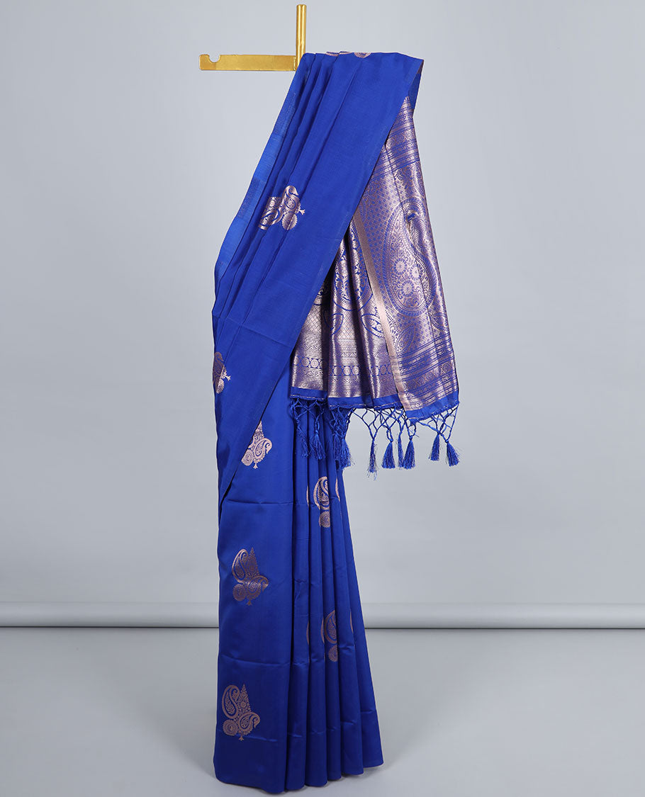Borderless blue butter silk saree with zari buttas, self-pallu of paisley & geometric patterns