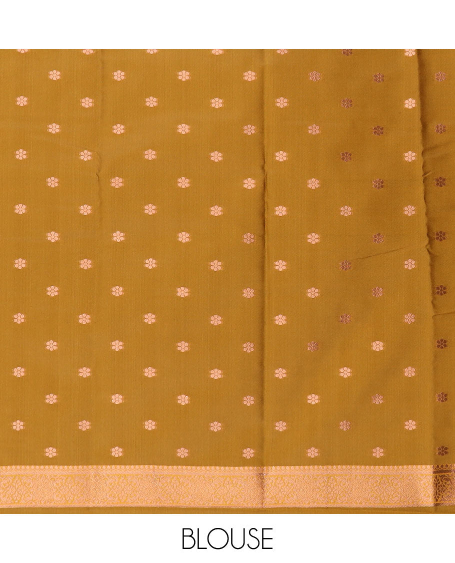 Dark mustard butter silk saree with chakram zari buttas, zari border & self-pallu of traditional designs