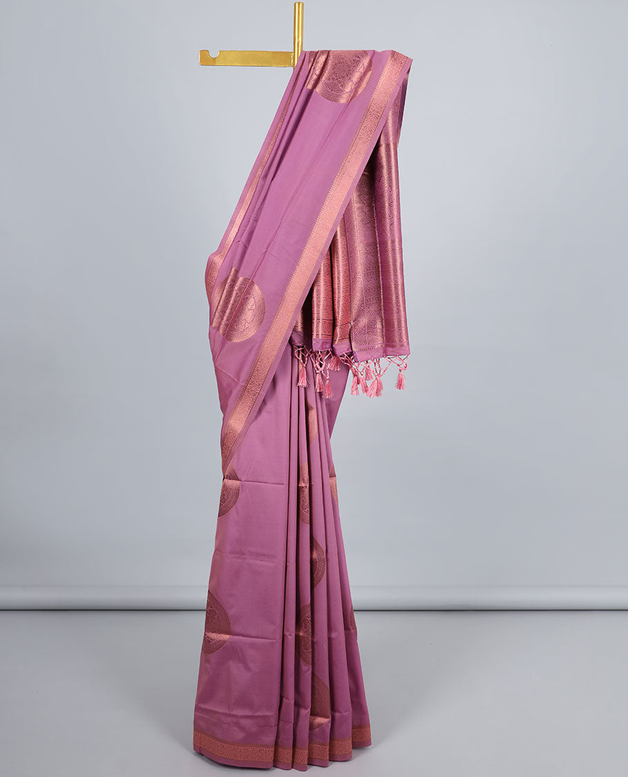 Pink butter silk saree with chakram zari buttas, zari border & self-pallu of traditional designs