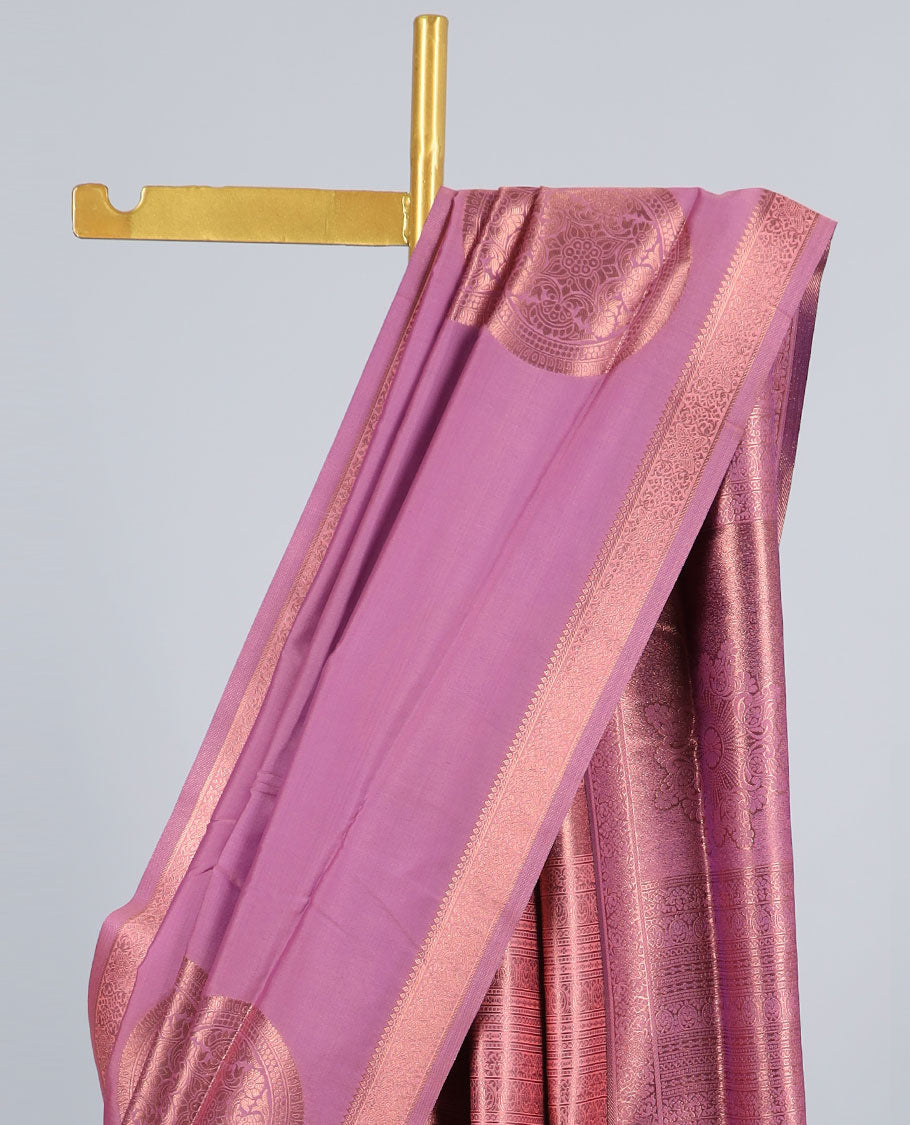 Pink butter silk saree with chakram zari buttas, zari border & self-pallu of traditional designs