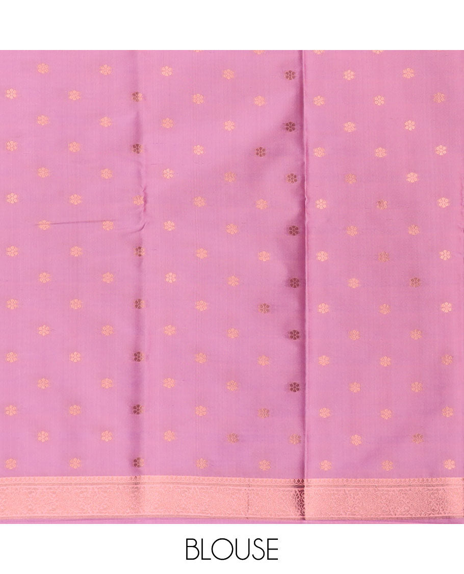 Pink butter silk saree with chakram zari buttas, zari border & self-pallu of traditional designs