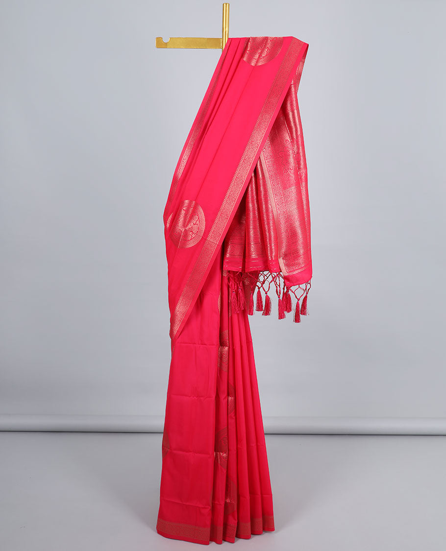 Pink butter silk saree with chakram zari buttas, zari border & self-pallu of traditional designs