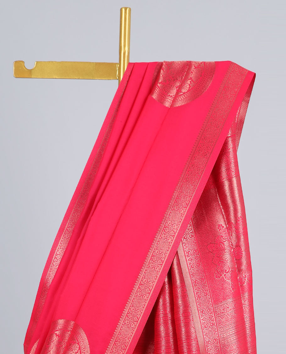 Pink butter silk saree with chakram zari buttas, zari border & self-pallu of traditional designs