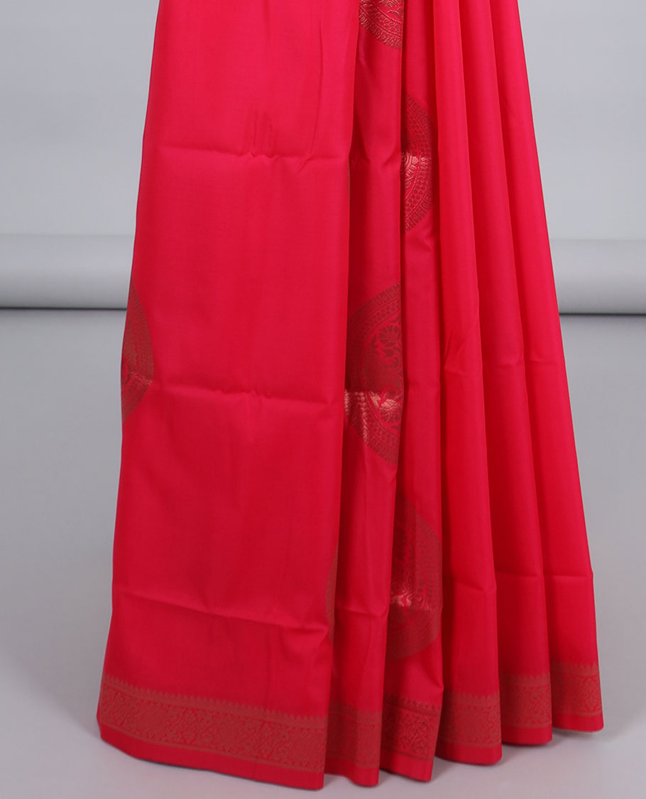 Pink butter silk saree with chakram zari buttas, zari border & self-pallu of traditional designs
