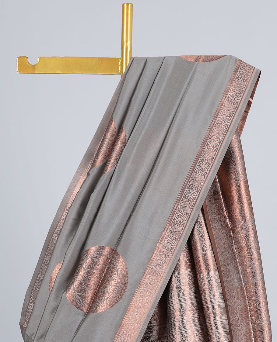 Grey butter silk saree with chakram zari buttas, zari border & self-pallu of traditional designs