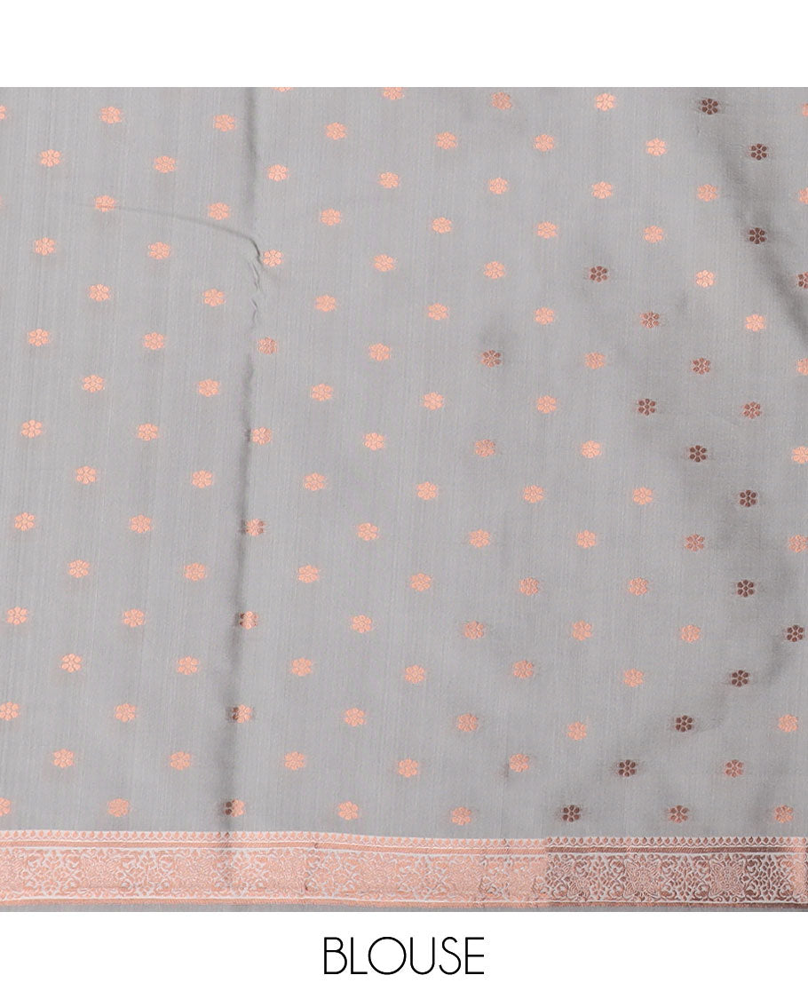 Grey butter silk saree with chakram zari buttas, zari border & self-pallu of traditional designs
